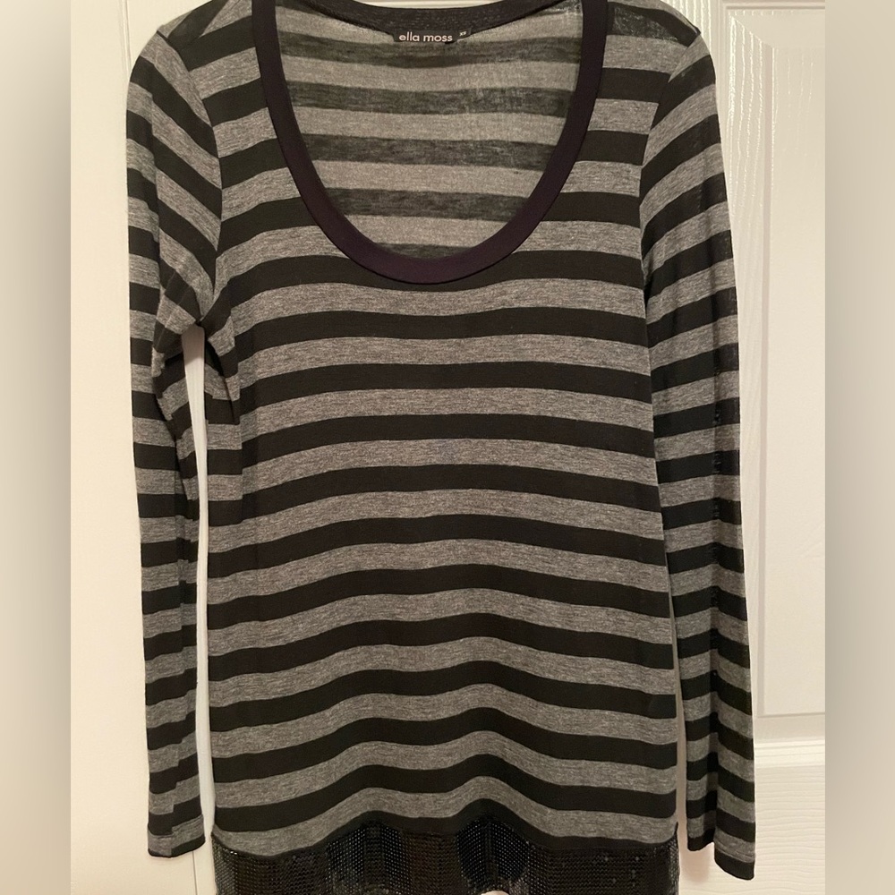Ella Moss Black and Gray Striped Long Sleeve Top